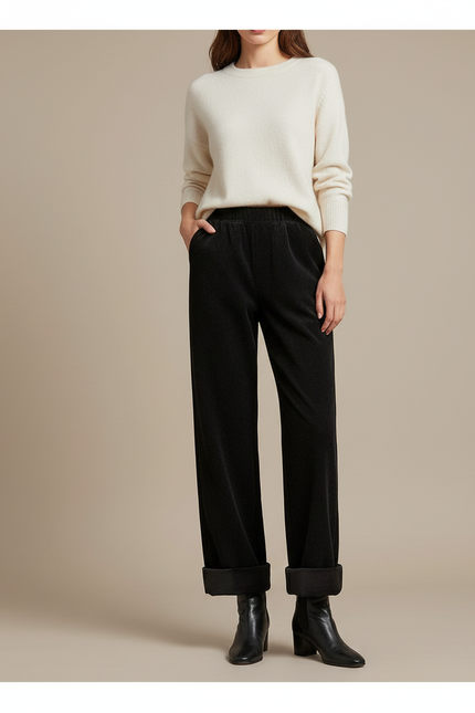 Pantalon Velours Noir Côtelé Droit Ample Femme - Cordé