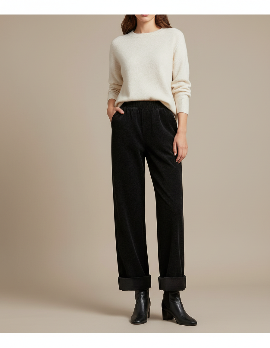 Pantalon Velours Noir Côtelé Droit Ample Femme - Cordé