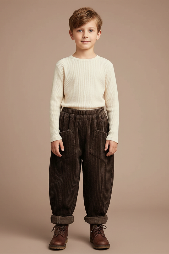 Pantalon Velours Côtelé Marron Ample Garçon Hiver - Cordé