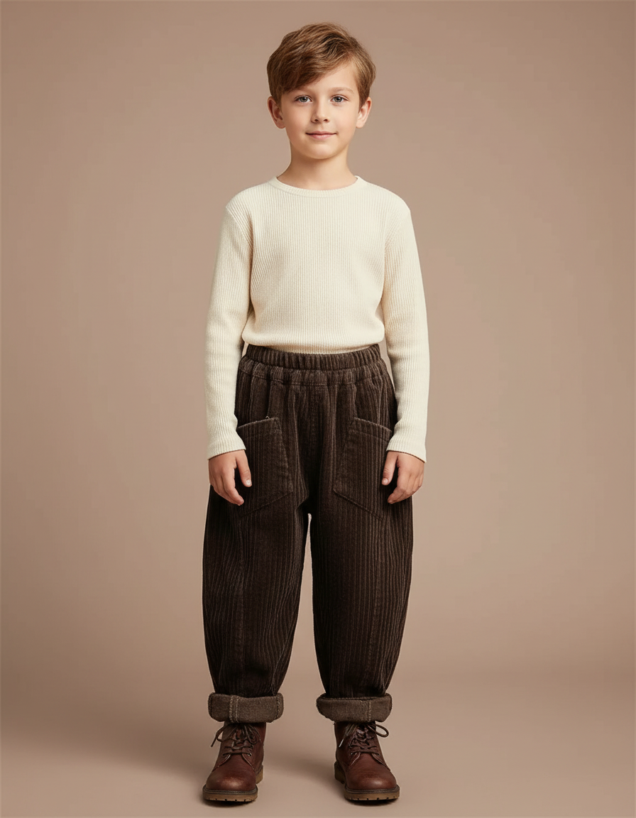 Pantalon Velours Côtelé Marron Ample Garçon Hiver - Cordé