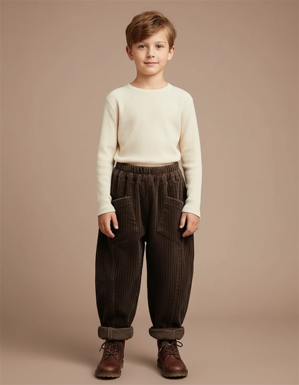 Pantalon Velours Côtelé Marron Ample Garçon Hiver - Cordé
