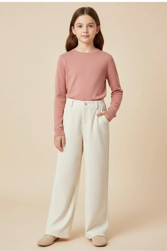 Pantalon Velours Écru Côtelé Ample Fille Décontracté Hiver - Beige Cordé