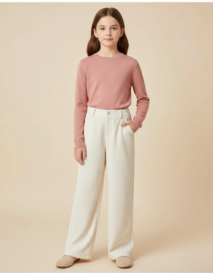Pantalon Velours Écru Côtelé Ample Fille Décontracté Hiver - Beige Cordé