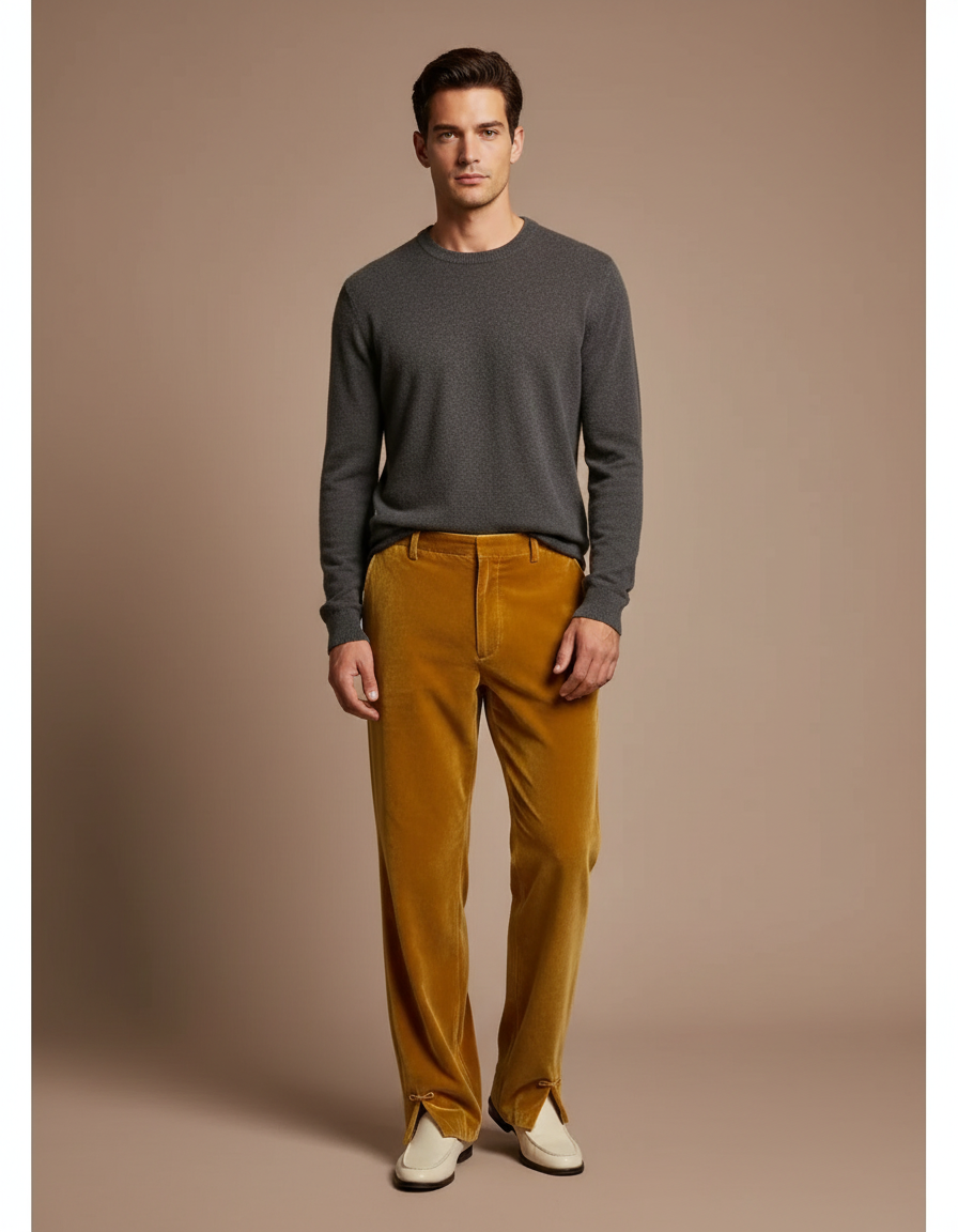 Pantalon Velours Doré Ample Fluide Homme Élégant