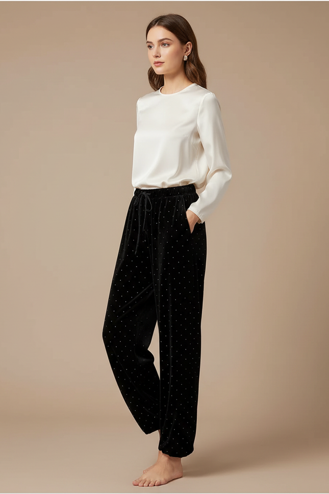 Pantalon Velours Noir Large Brillant Fluide Femme