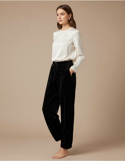 Pantalon Velours Noir Large Brillant Fluide Femme