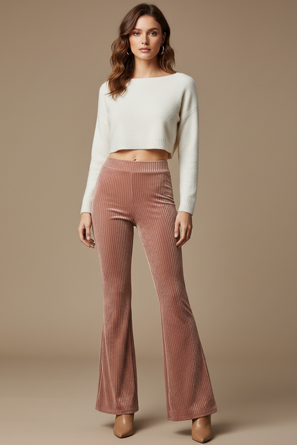 Pantalon Velours Côtelé Évasé Rose Confortable Élégant - Cordé