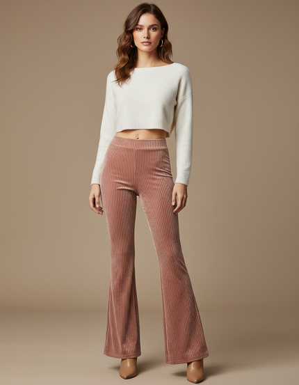 Pantalon Velours Côtelé Évasé Rose Confortable Élégant - Cordé