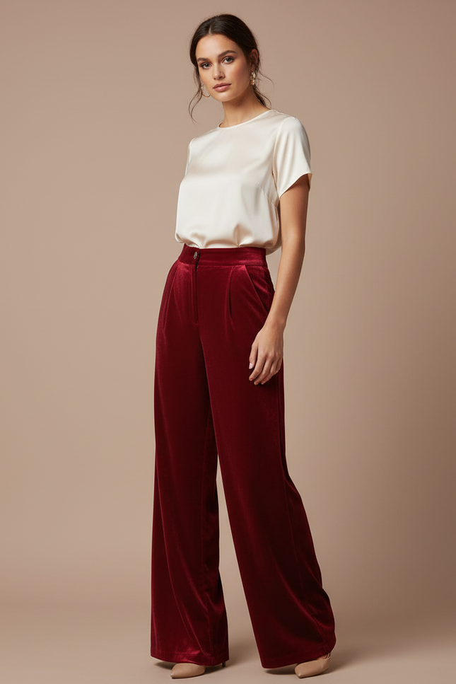 Pantalon Velours Rouge Ample Taille Haute Élégant - Bordeaux