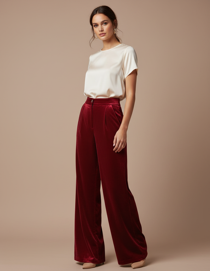 Pantalon Velours Rouge Ample Taille Haute Élégant - Bordeaux