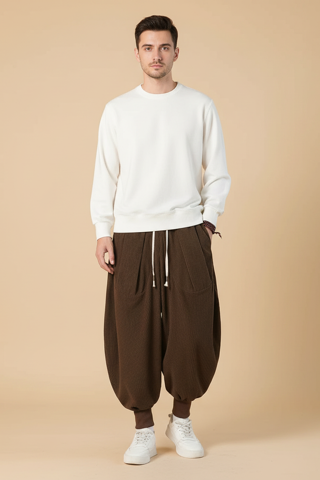 Pantalon Velours Marron Côtelé Ample Décontracté Harem - Cordé