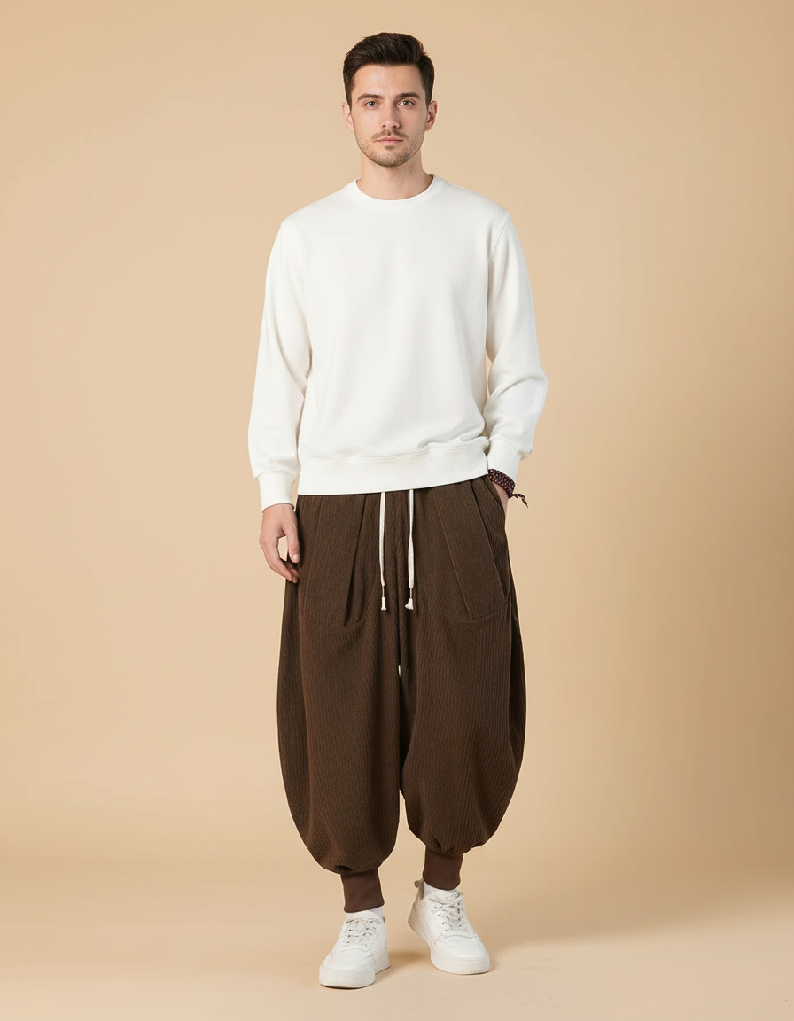 Pantalon Velours Marron Côtelé Ample Décontracté Harem - Cordé