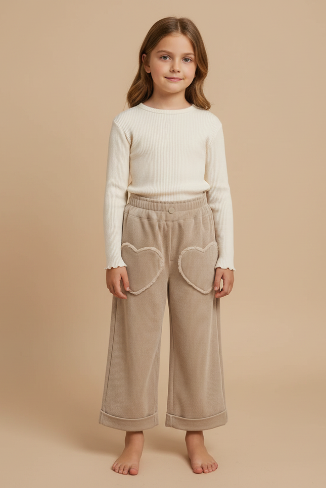 Pantalon Velours Côtelé Beige Cœurs Ample Fille - Cordé