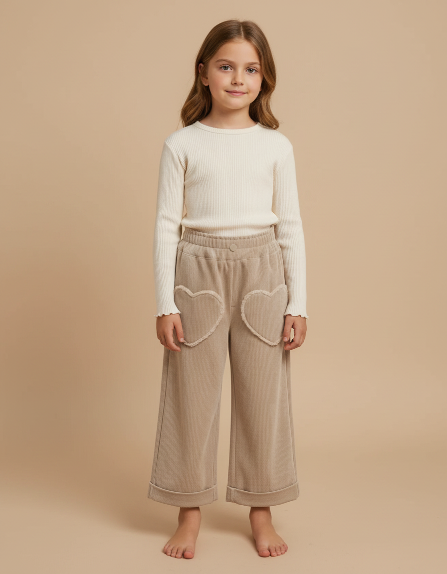 Pantalon Velours Côtelé Beige Cœurs Ample Fille - Cordé