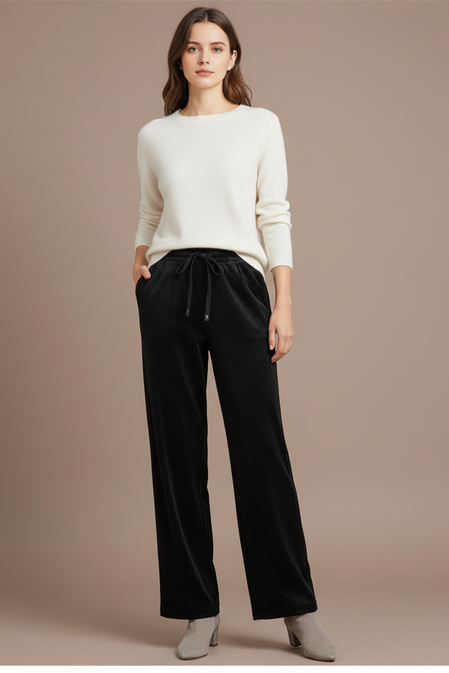 Pantalon Large Velours Côtelé - Noir Cordé