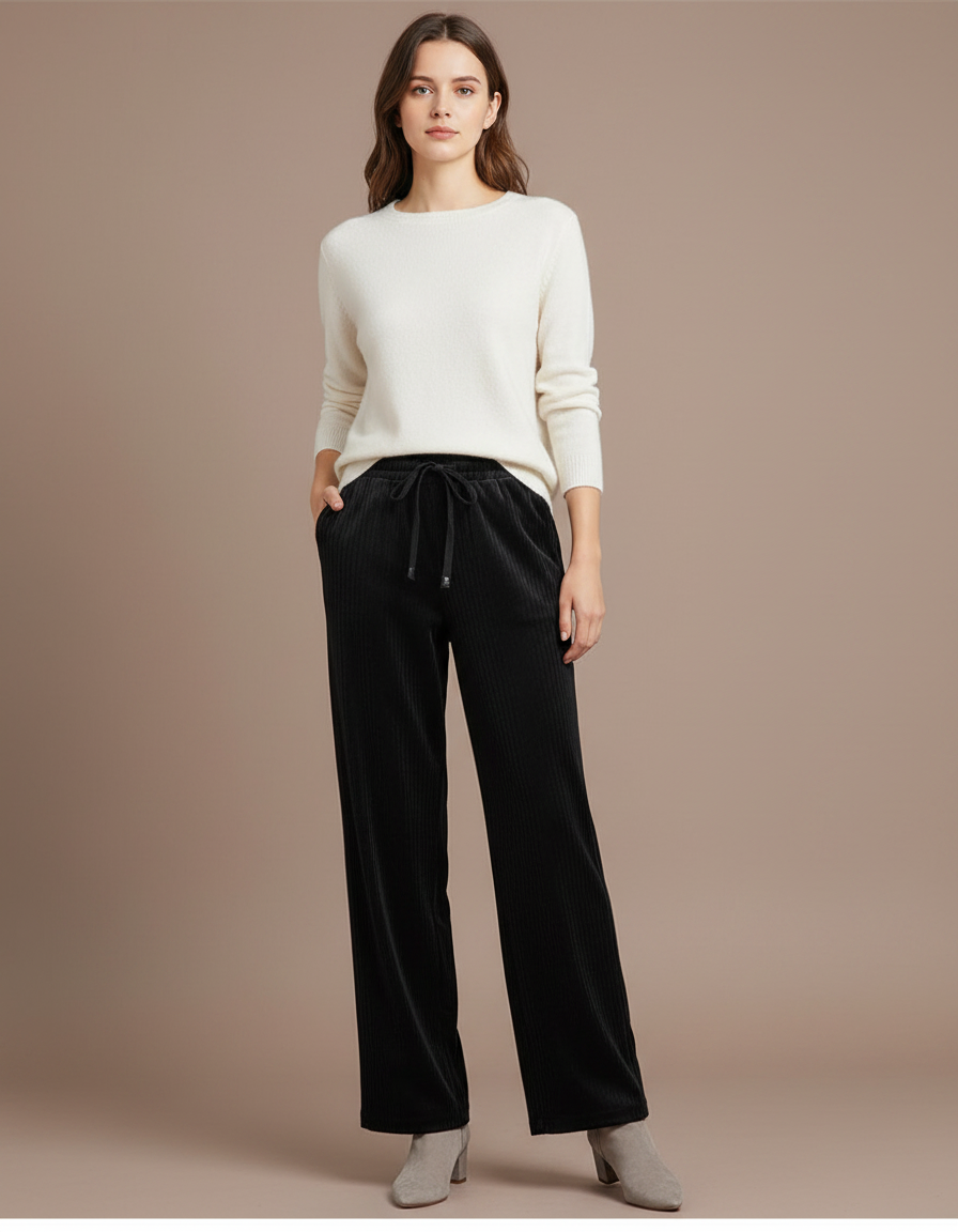 Pantalon Large Velours Côtelé - Noir Cordé