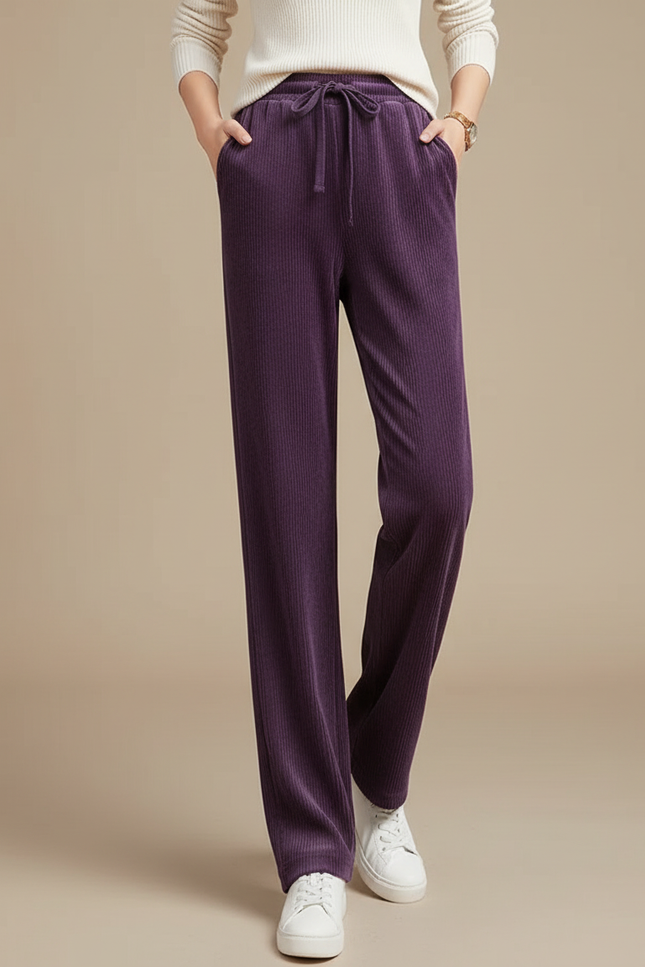 Pantalon Velours Violet Côtelé Droit Décontracté Cordon Femme - Cordé
