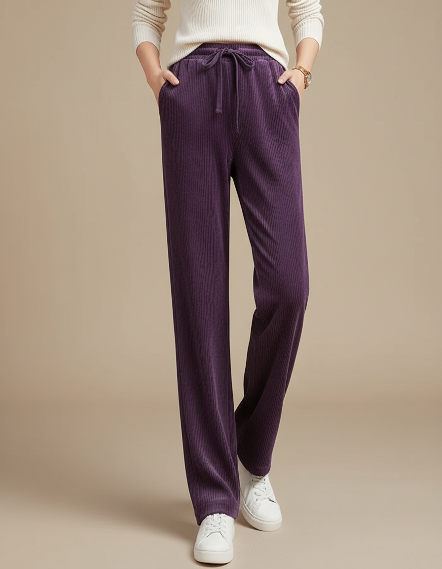 Pantalon Velours Violet Côtelé Droit Décontracté Cordon Femme - Cordé