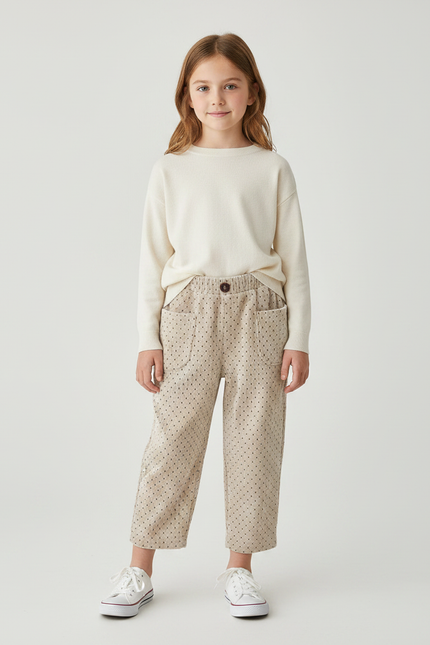 Pantalon Velours Beige Ample Points Fille Décontracté - Cordé