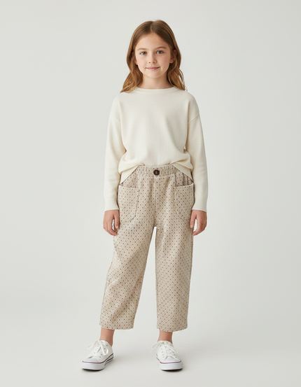 Pantalon Velours Beige Ample Points Fille Décontracté - Cordé