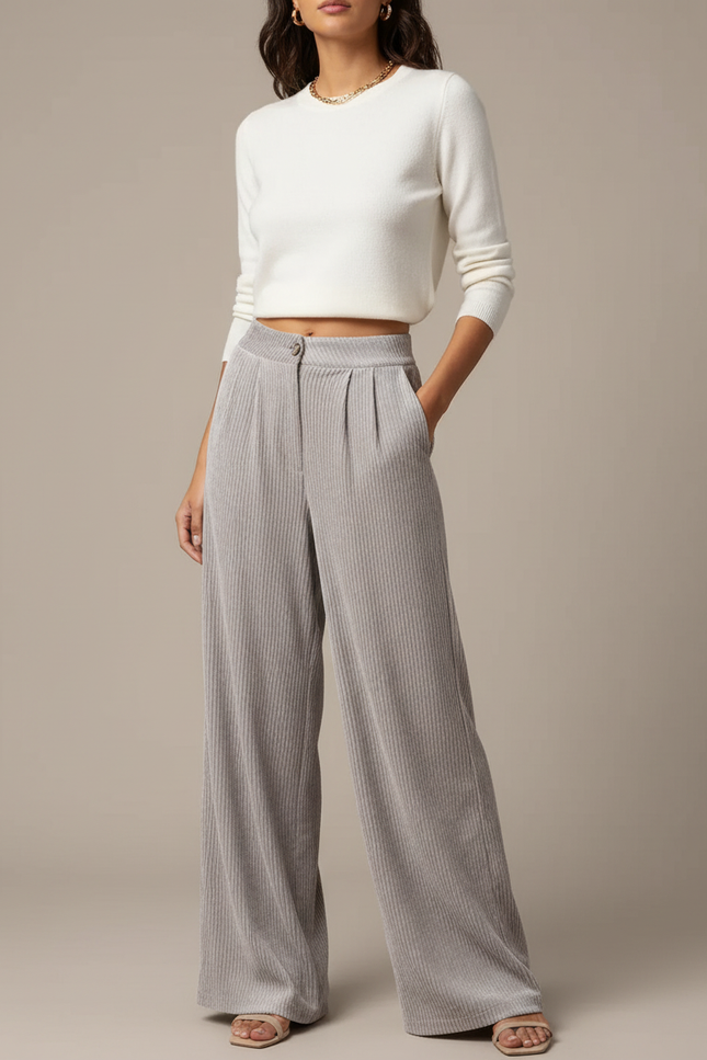 Pantalon Velours Côtelé Gris Ample Taille Haute - Cordé