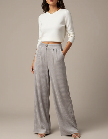 Pantalon Velours Côtelé Gris Ample Taille Haute - Cordé
