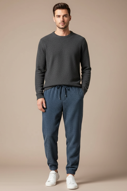 Pantalon Velours Homme Ceinture Réglable - Bleu Cordé