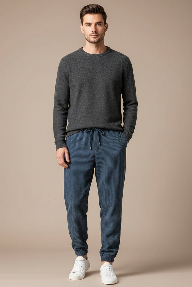 Pantalon Velours Homme Ceinture Réglable - Bleu Cordé