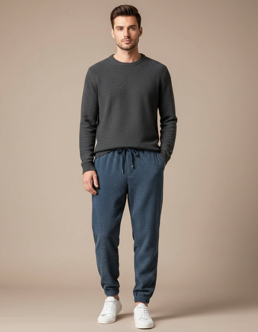 Pantalon Velours Homme Ceinture Réglable - Bleu Cordé