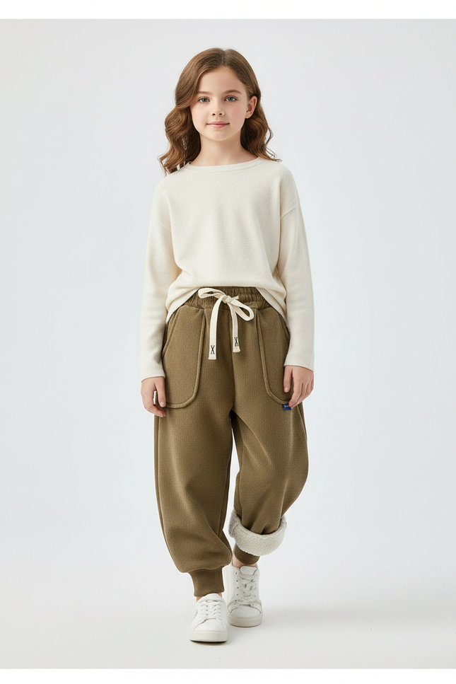 Pantalon Velours Côtelé Épais Kaki Doublé Enfant - Cordé