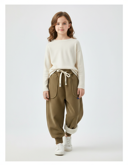 Pantalon Velours Côtelé Épais Kaki Doublé Enfant - Cordé