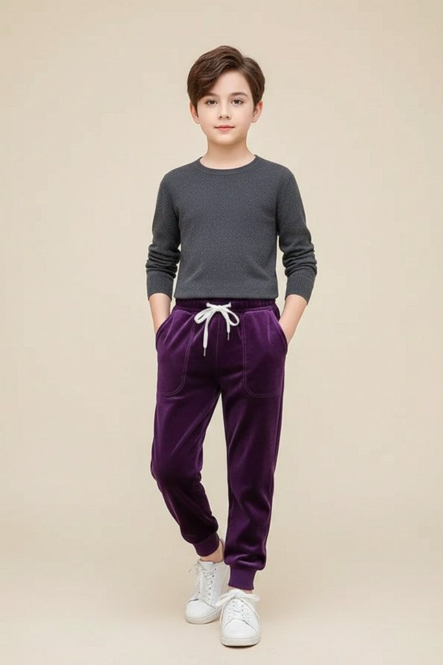Pantalon Velours Violet Doux Enfant Garçon Jogging