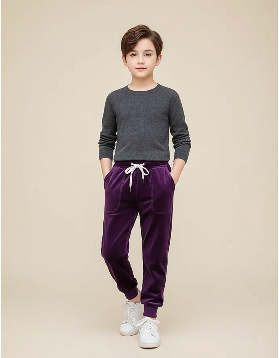 Pantalon Velours Violet Doux Enfant Garçon Jogging