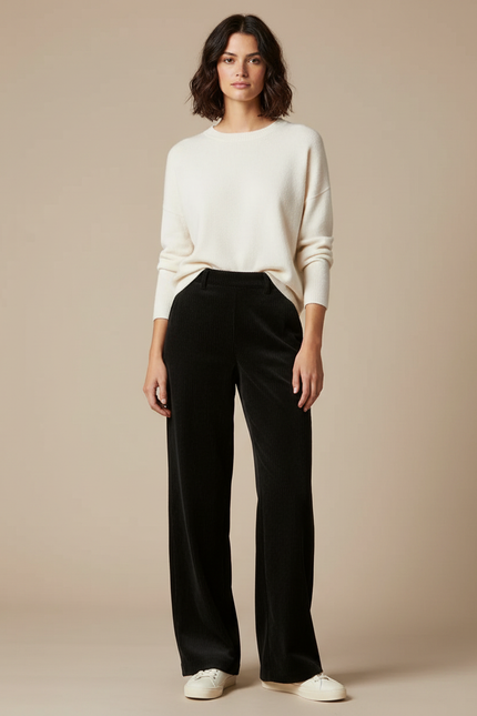 Pantalon Velours Noir Côtelé Large Droit Décontracté - Cordé