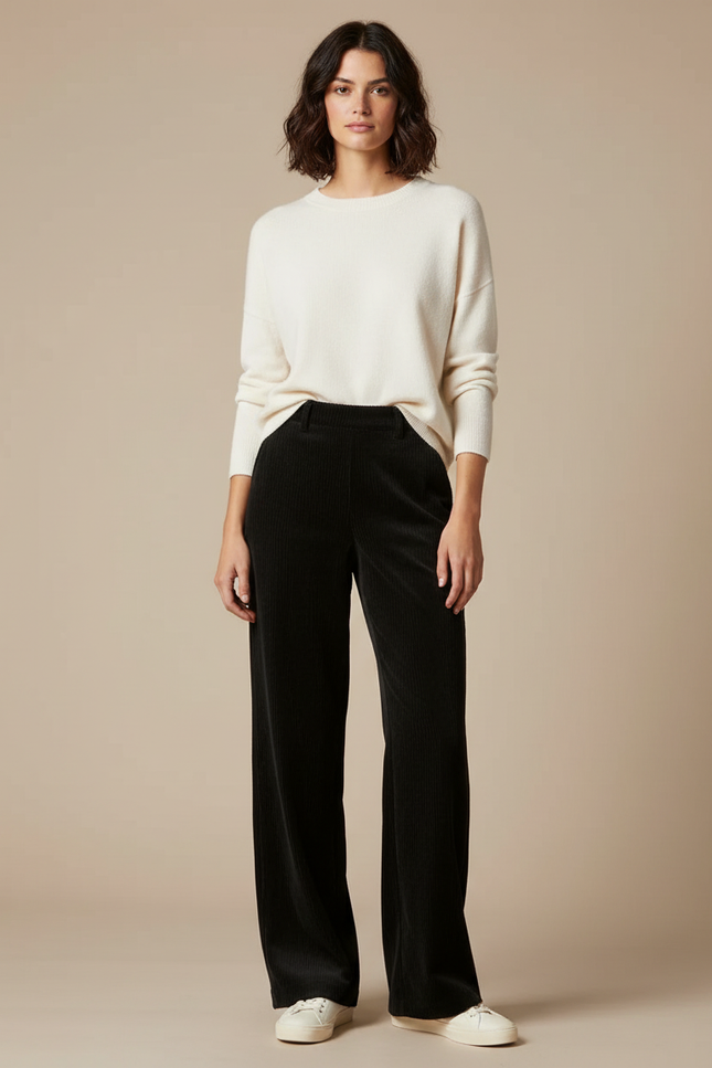 Pantalon Velours Noir Côtelé Large Droit Décontracté - Cordé