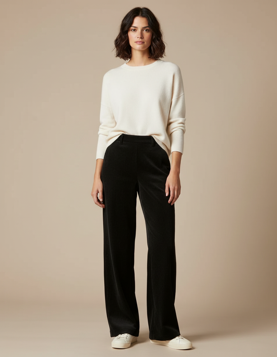 Pantalon Velours Noir Côtelé Large Droit Décontracté - Cordé
