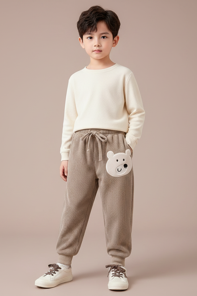 Pantalon Velours Côtelé Marron Enfant Ours Confortable - Cordé