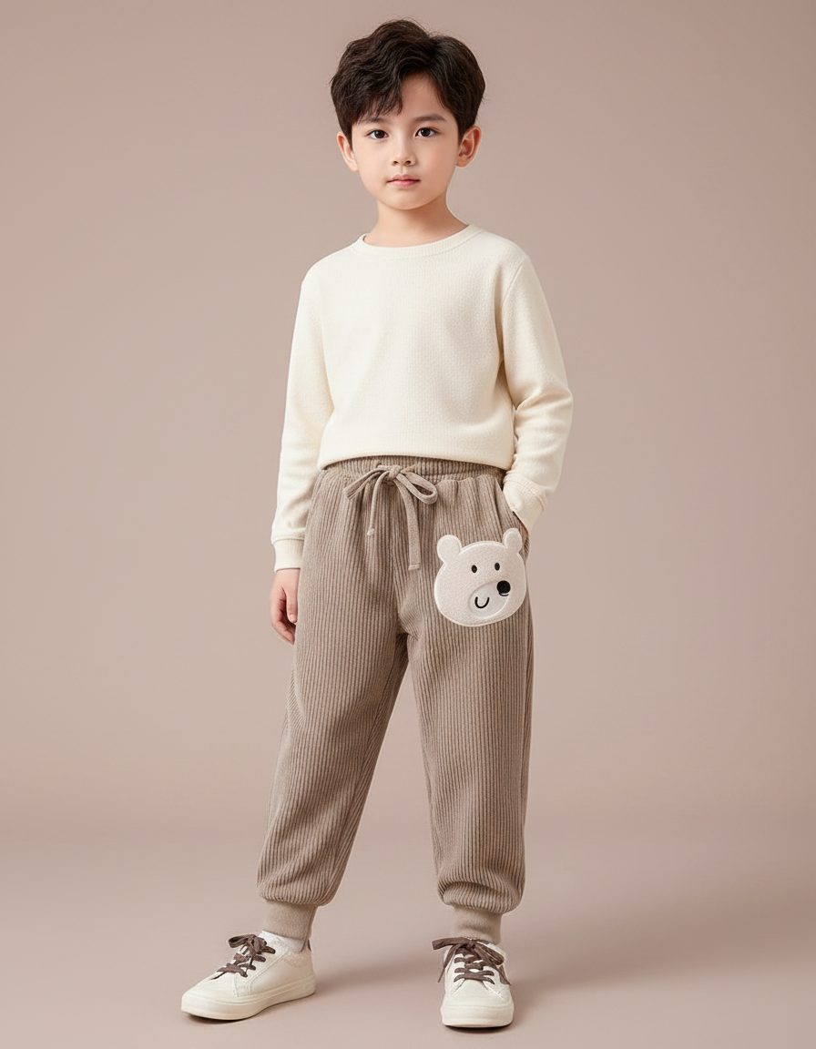 Pantalon Velours Côtelé Marron Enfant Ours Confortable - Cordé