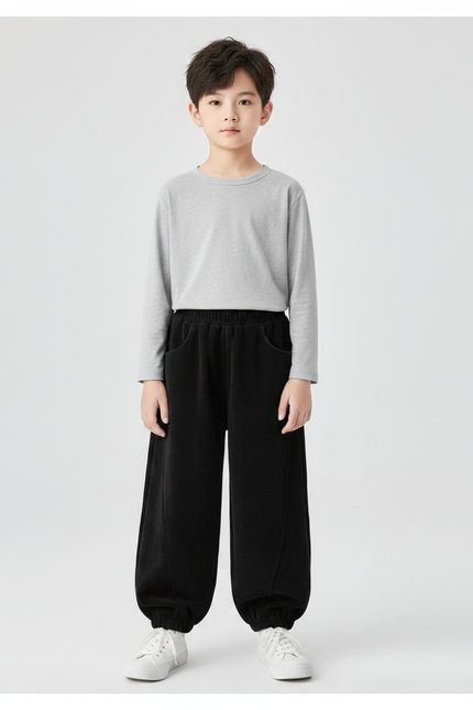 Pantalon Velours Noir Côtelé Ample Décontracté Garçon - Cordé