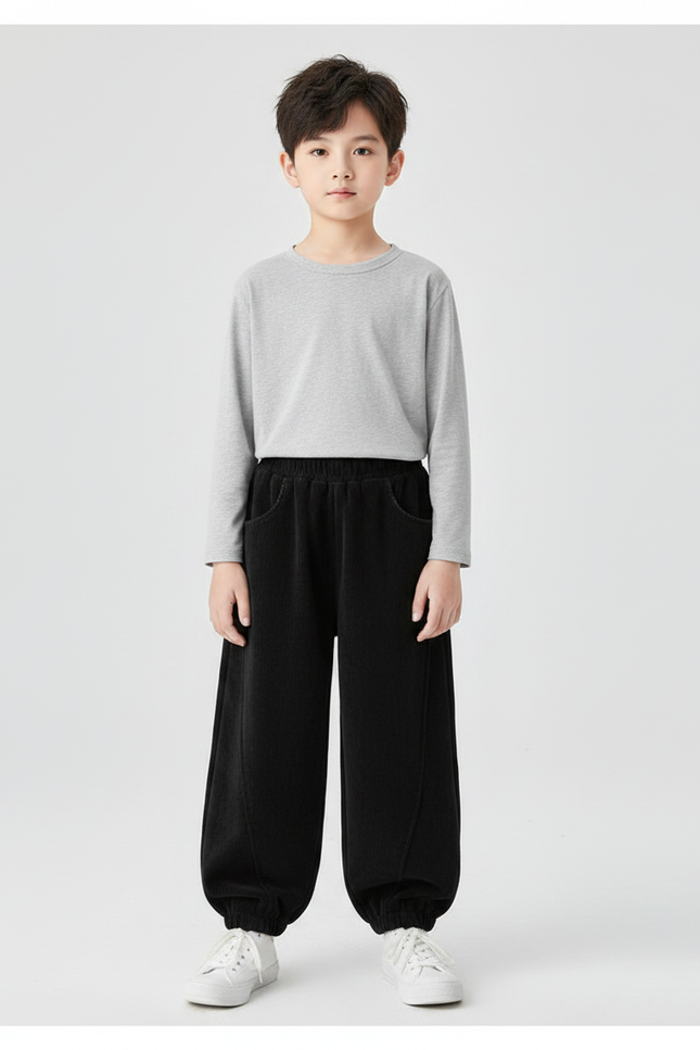 Pantalon Velours Noir Côtelé Ample Décontracté Garçon - Cordé