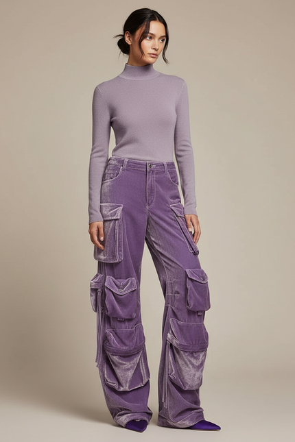 Pantalon Velours Cargo Violet Multi-poches Large Femme