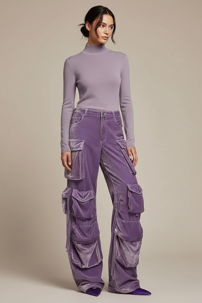 Pantalon Velours Cargo Violet Multi-poches Large Femme