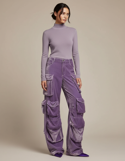 Pantalon Velours Cargo Violet Multi-poches Large Femme