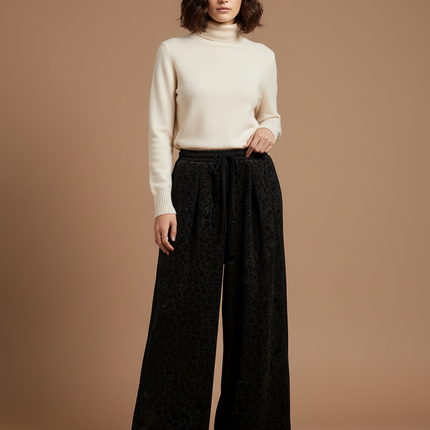 Pantalon Velours Noir Léopard Ample Confortable Femme