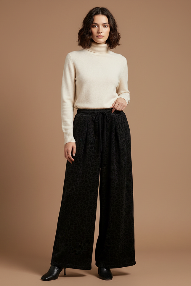 Pantalon Velours Noir Léopard Ample Confortable Femme