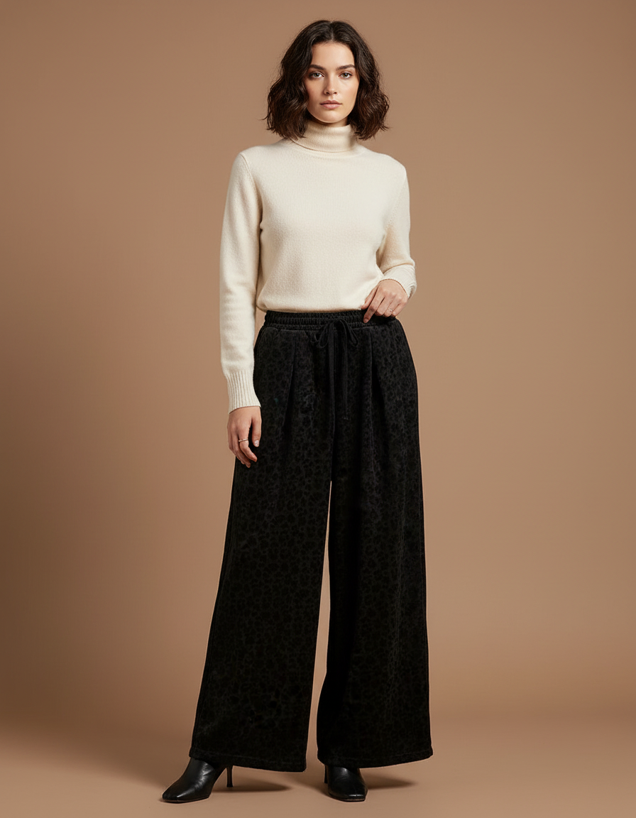 Pantalon Velours Noir Léopard Ample Confortable Femme