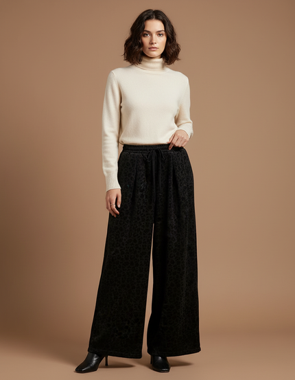 Pantalon Velours Noir Léopard Ample Confortable Femme