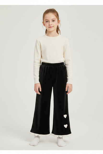 Pantalon Velours Noir Évasé Cœurs Blancs Fille