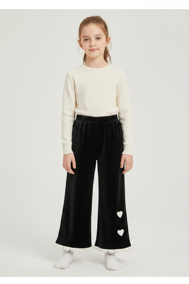 Pantalon Velours Noir Évasé Cœurs Blancs Fille