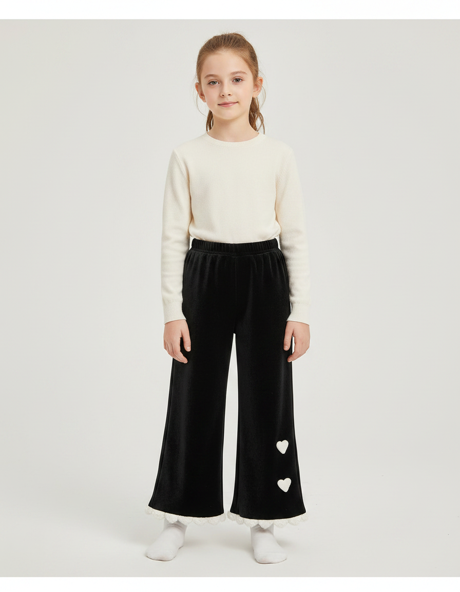 Pantalon Velours Noir Évasé Cœurs Blancs Fille